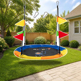 Costway 4 Inch Flying Saucer Tree Swing with Hanging Straps Monkey-Yellow styled in a sunny backyard, shown finish