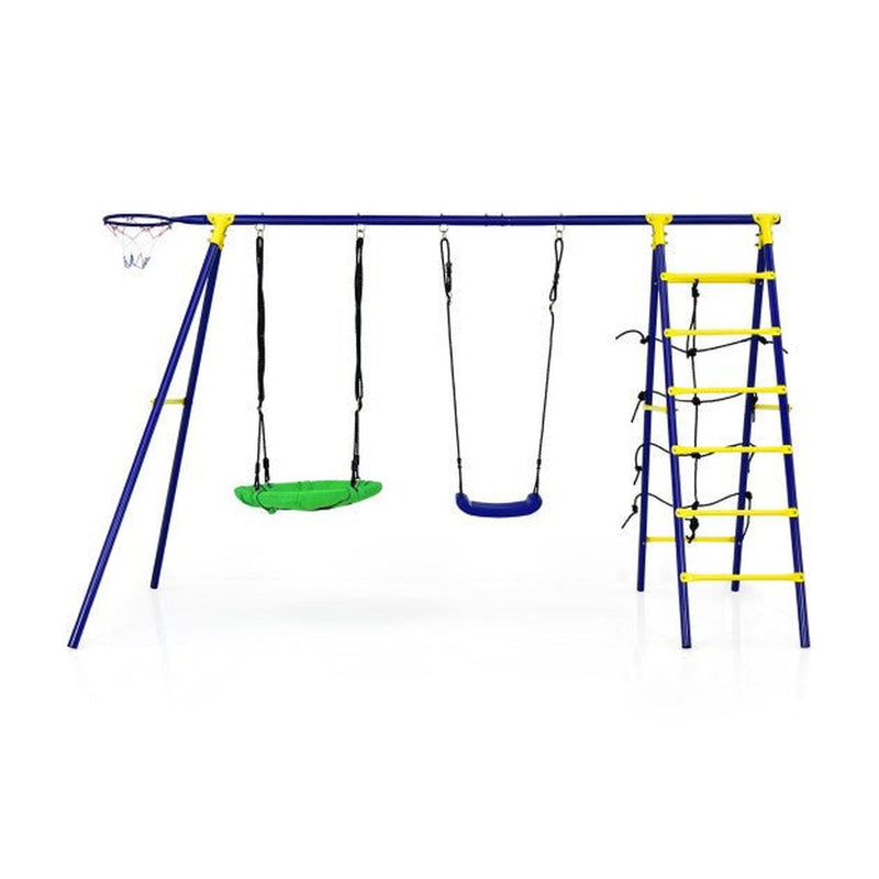 5-In-1 Outdoor Kids Swing Set with A-Shaped Metal Frame and Ground Stake
