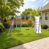 Costway 5-In-1 Outdoor Kids Swing Set with A-Shaped Metal Frame and Ground Stake styled in a sunny backyard, metal