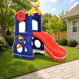 Costway 6-in-1 Freestanding Kids Slide with Basketball Hoop Play Climber styled in a sunny backyard, slide