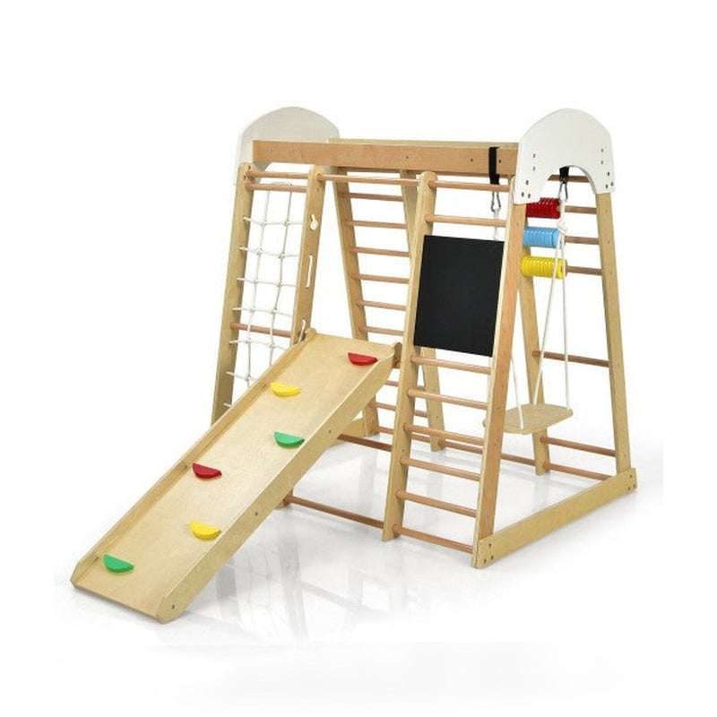 Indoor Playground Climbing Gym Wooden 8 in 1 Climber Playset for Children-Natural