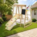 Costway Indoor Playground Climbing Gym Wooden 8 in 1 Climber Playset for Children-Natural styled in a sunny backyard, Natural