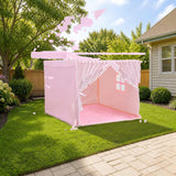 Costway Kids Play Tent Large Playhouse Children Play Castle Fairy Tent Gift with Mat styled in a sunny backyard, shown finish