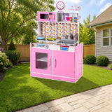 Costway Kids Wooden Pretend Cooking Playset Cookware Play Set Kitchen Toys Toddler Gift-Pink styled in a sunny backyard, Pink