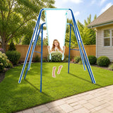 Costway Outdoor Kids Swing Set with Heavy Duty Metal A-Frame and Ground Stakes-Blue styled in a sunny backyard, metal