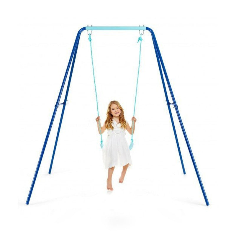 Outdoor Kids Swing Set with Heavy Duty Metal A-Frame and Ground Stakes-Blue