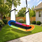 Costway Saucer Tree Swing Surf Kids Outdoor Adjustable Oval Platform Set with Handle-Color styled in a sunny backyard, shown finish