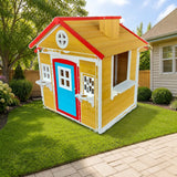 Costway Traditional Outdoor Wooden Playhouse with Door, Windows, Serving Station, and Flower Pot Sills styled in a sunny backyard, shown finish