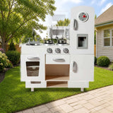 Costway Vintage Play Kitchen Pretend Kids Cooking Playset Toys with Water Dispense styled in a sunny backyard, shown finish