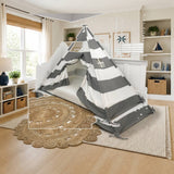 Domestic Objects Play Tent Canopy Bed in Grey and White Stripe WITH Doors styled in a bright nursery-style kids' room, White and Grey