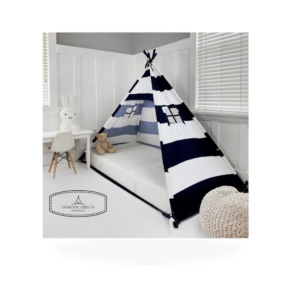 Play Tent Canopy Bed in Navy Blue and White Stripe Canvas