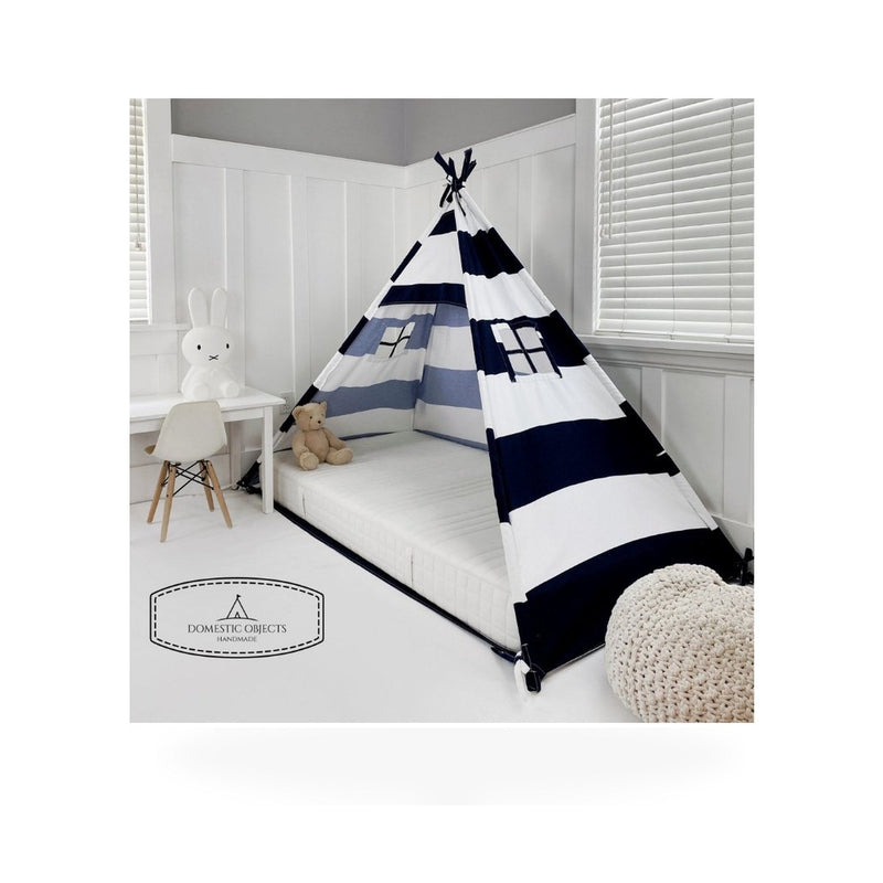 Play Tent Canopy Bed in Navy Blue and White Stripe Canvas