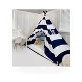 Domestic Objects Play Tent Canopy Bed in Navy Blue and White Stripe Canvas WITH Doors kids crib in White and Blue