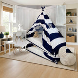 Domestic Objects Play Tent Canopy Bed in Navy Blue and White Stripe Canvas WITH Doors styled in a bright nursery-style kids' room, White and Blue
