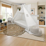 Domestic Objects Play Tent Canopy Bed in White Cotton Canvas styled in a bright nursery-style kids' room, White and Natural