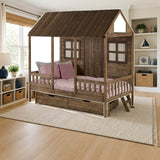Donco Twin Front Porch Low Loft In Rustic Driftwood Finish styled in a kids' bedroom, storage