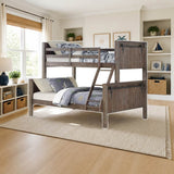 Donco T/F BARN DOOR BUNKBED BRUSHED SHADOW styled in a kids' bedroom, twin over full