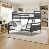 Donco Twin/Full Barn Panel Bunkbed in Rustic Grey styled in a kids' bedroom, twin over full