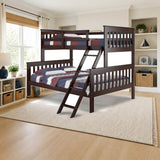 Donco Twin/Full Mission Bunkbed Cappuccino styled in a kids' bedroom, twin over full