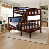 Donco Twin/Full Mission Bunk Bed In Dark Cappuccino Finish styled in a kids' bedroom, twin over full