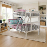 Donco Twin/Full Mission Bunk Bed In White Finish styled in a kids' bedroom, twin over full