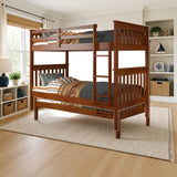 Donco Twin/Twin Mission Bunk Bed In Light Espresso Finish styled in a kids' bedroom, twin over twin