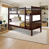 Donco Twin/Twin Mission Bunkbed Cappuccino styled in a kids' bedroom, twin over twin