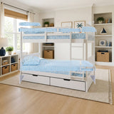 Donco Twin/Twin Mission Bunk Bed in White styled in a kids' bedroom, twin over twin