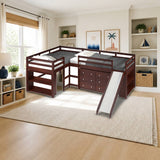 Donco L-shape Double Twin Loft Bed In Dark Cappuccino Finish styled in a kids' bedroom, loft