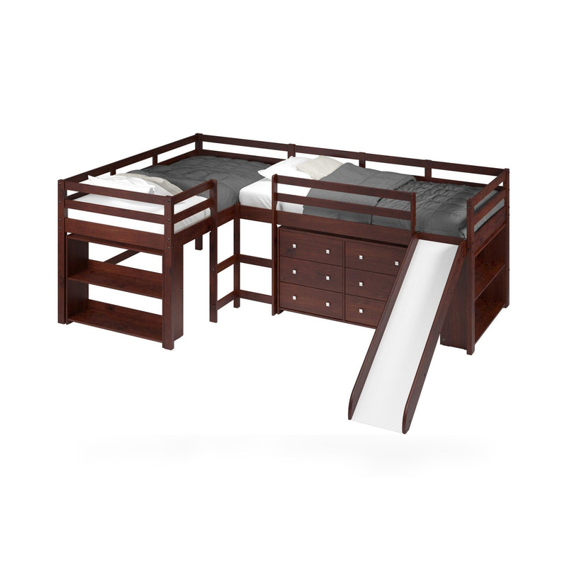 L-shape Double Twin Loft Bed In Dark Cappuccino Finish