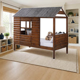 Donco Twin Log Cabin Low Loft Rustic Walnut styled in a kids' bedroom, storage