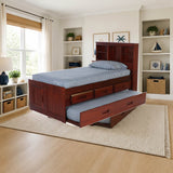Donco Twin Bookcase Bed in Merlot styled in a bright kids' bedroom, storage