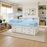 Donco Twin Bookcase Daybed White styled in a bright kids' bedroom, storage