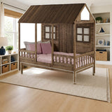 Donco Twin Front Porch Low Loft In Rustic Driftwood Finish styled in a bright kids' bedroom, storage