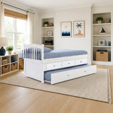 Donco Twin Mission Rake Bed in White styled in a bright kids' bedroom, storage