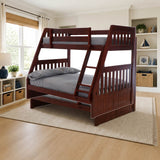 Donco Twin/Full Mission Bunkbed Merlot styled in a bright kids' bedroom, twin over full