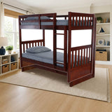 Donco Twin/Twin Mission Bunkbed Merlot styled in a bright kids' bedroom, twin over twin
