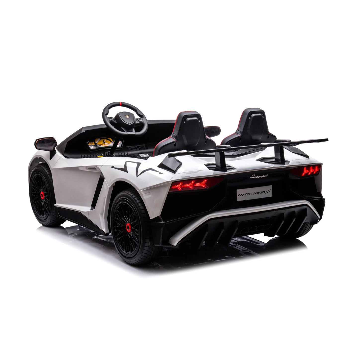 White 24V Lamborghini Aventador 2-Seater Kids Ride-On Car with Advanced Brushless Motor and Differential – Realistic Design, High-Speed Fun, and Luxury Style.