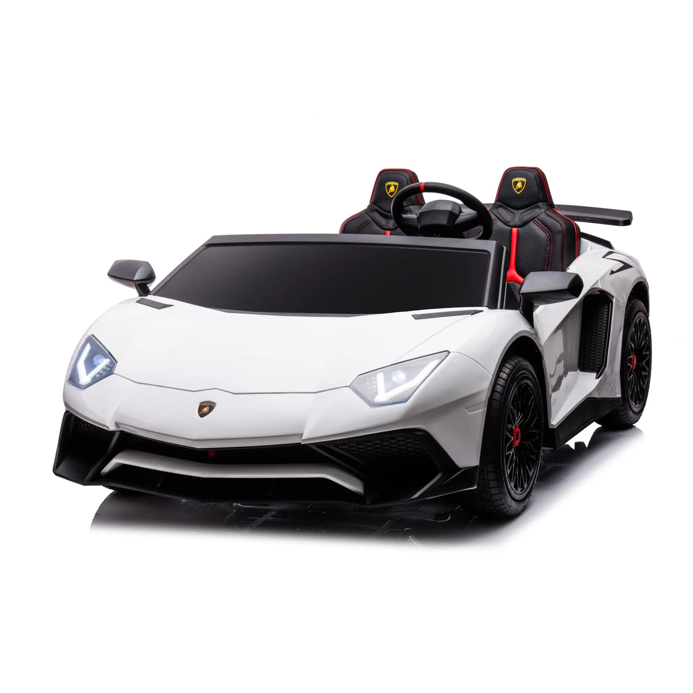 White 24V Lamborghini Aventador 2-Seater Kids Ride-On Car with Advanced Brushless Motor and Differential – Realistic Design, High-Speed Fun, and Luxury Style.