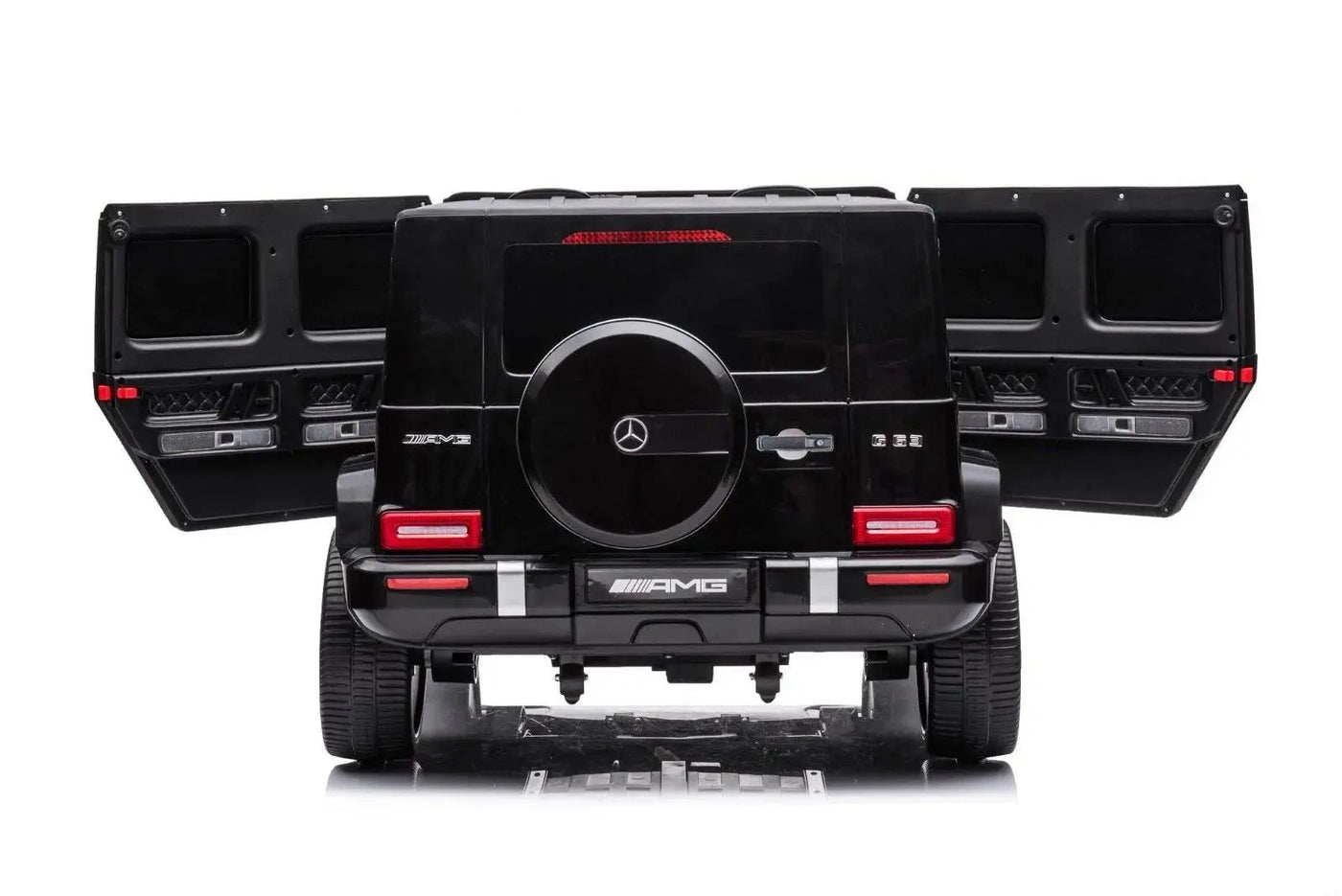 24V black Mercedes Benz G63 AMG 4x4 ride-on car for kids, featuring a realistic luxury SUV design, two seats, LED lights, working doors, and all-terrain wheels.