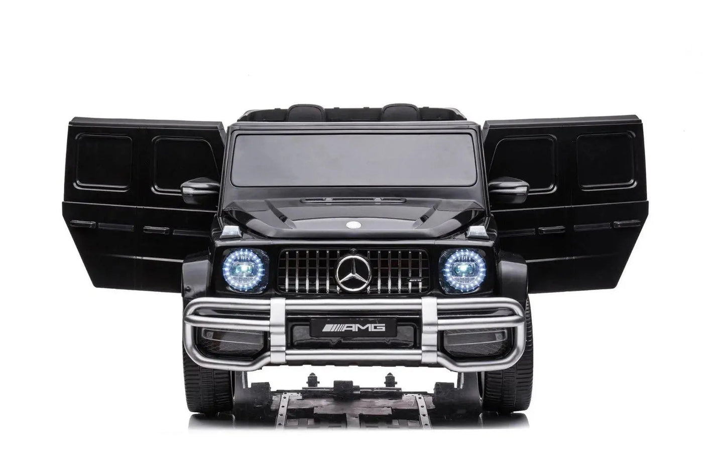 24V black Mercedes Benz G63 AMG 4x4 ride-on car for kids, featuring a realistic luxury SUV design, two seats, LED lights, working doors, and all-terrain wheels.