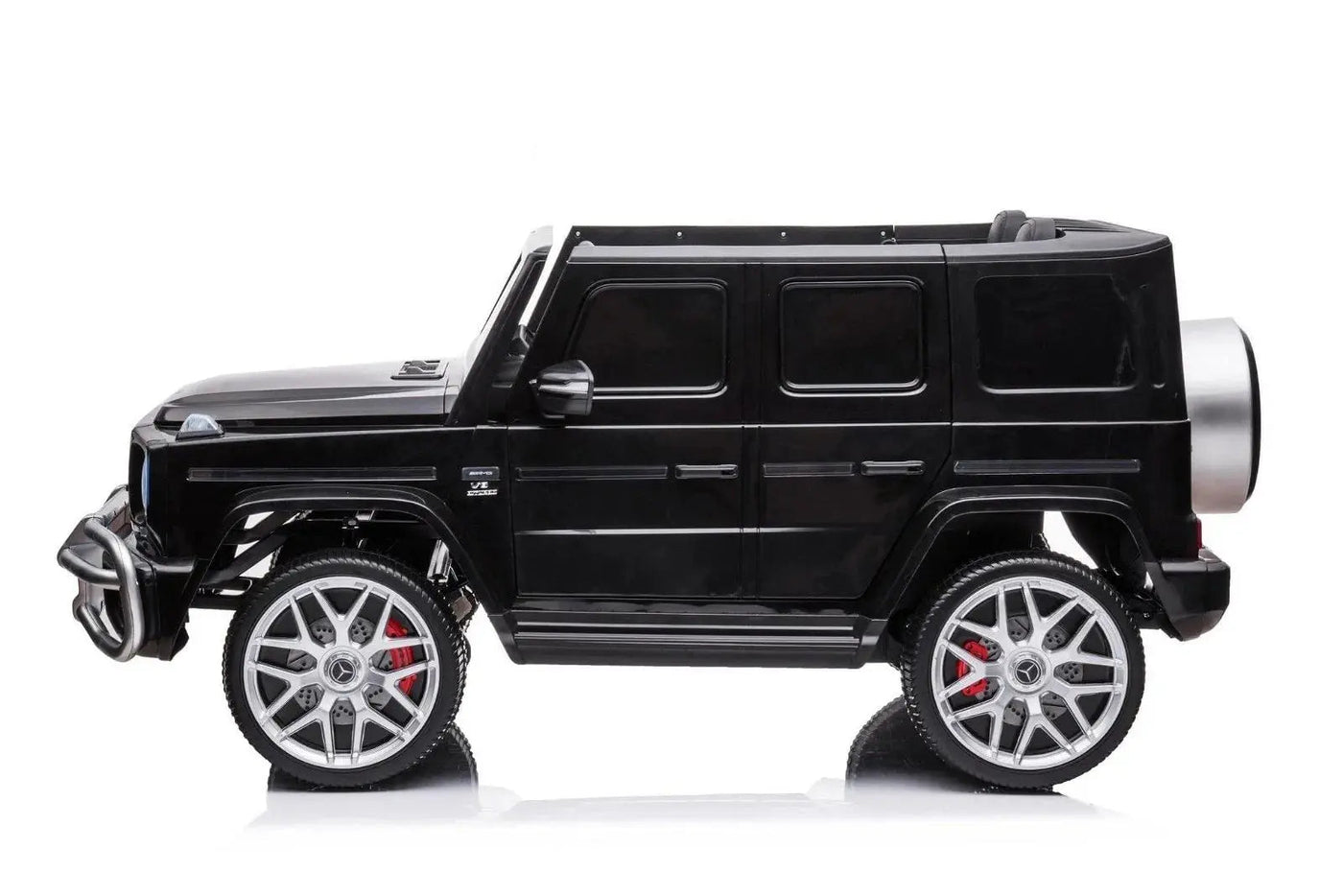 24V black Mercedes Benz G63 AMG 4x4 ride-on car for kids, featuring a realistic luxury SUV design, two seats, LED lights, working doors, and all-terrain wheels.