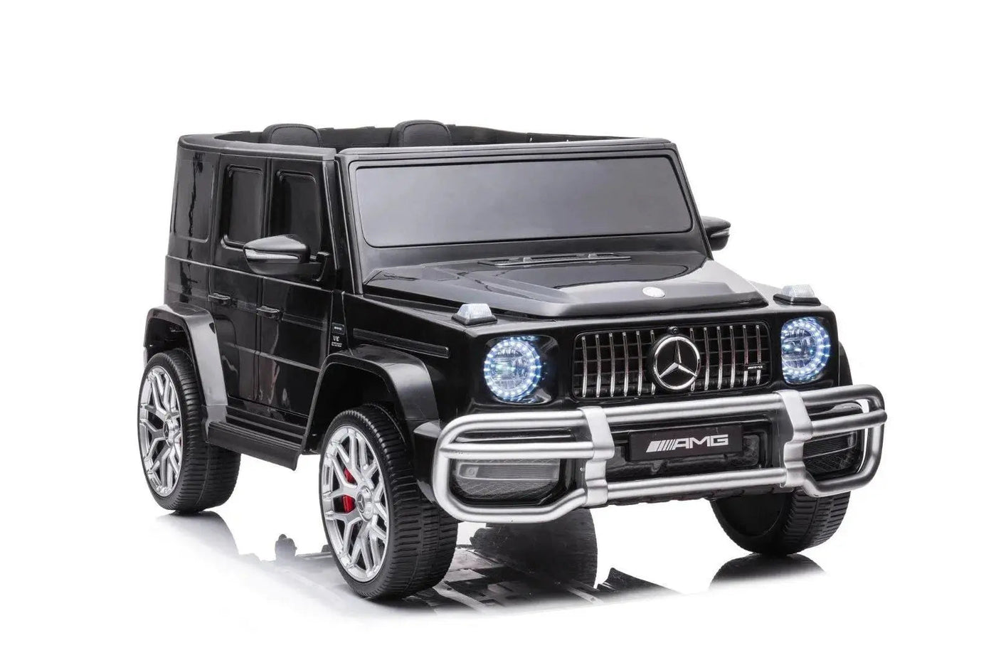 24V black Mercedes Benz G63 AMG 4x4 ride-on car for kids, featuring a realistic luxury SUV design, two seats, LED lights, working doors, and all-terrain wheels.