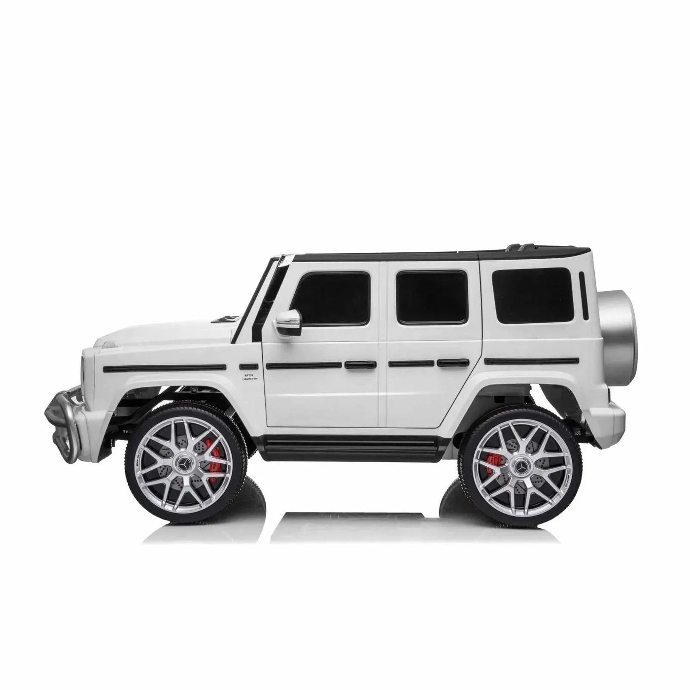 24V white Mercedes Benz G63 AMG 4x4 ride-on car for kids, featuring a realistic luxury SUV design, two seats, LED lights, working doors, and all-terrain wheels.