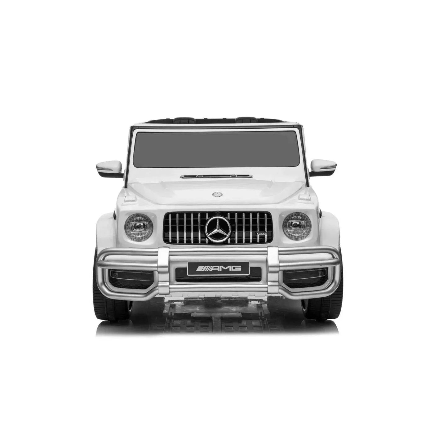 24V white Mercedes Benz G63 AMG 4x4 ride-on car for kids, featuring a realistic luxury SUV design, two seats, LED lights, working doors, and all-terrain wheels.