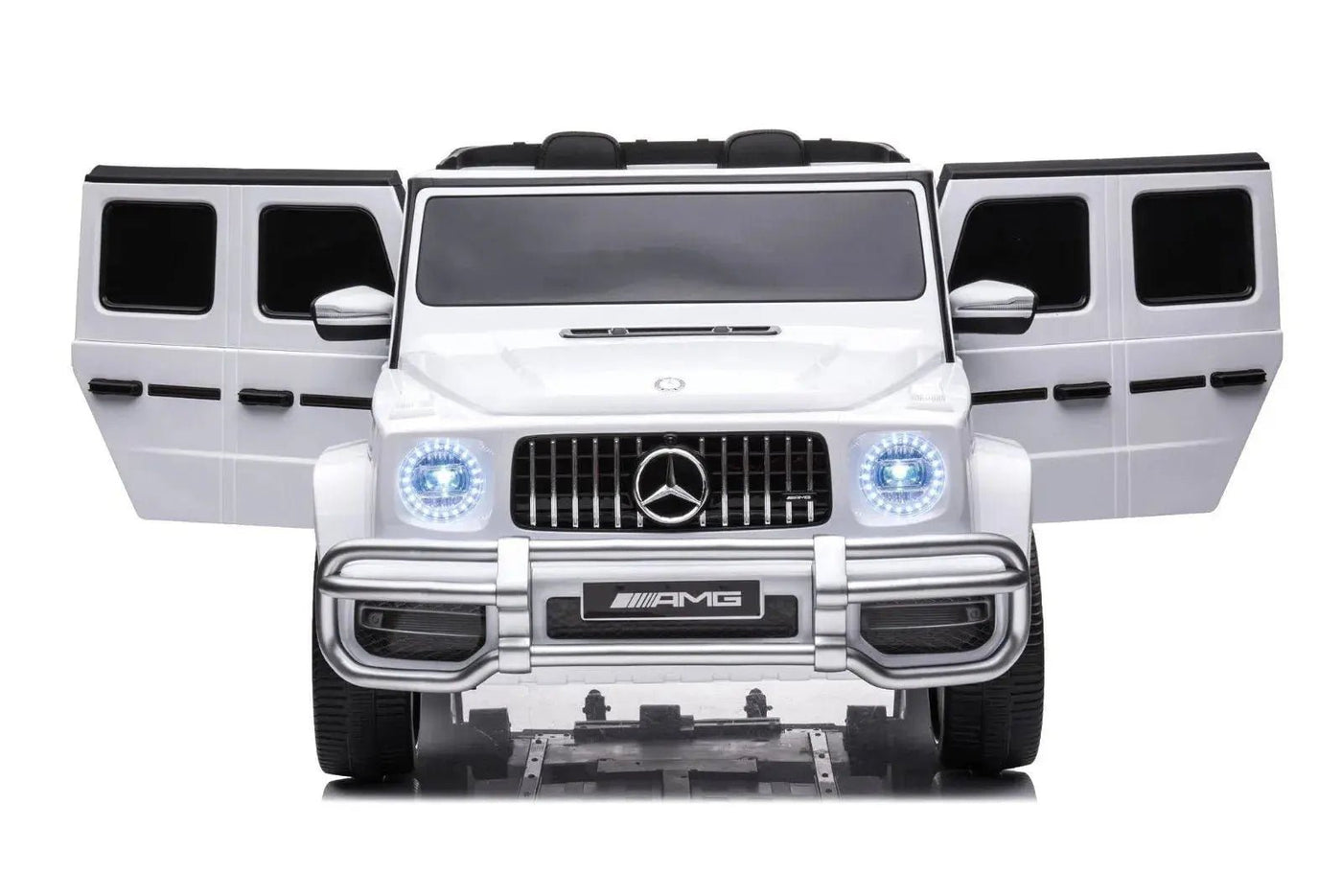 24V white Mercedes Benz G63 AMG 4x4 ride-on car for kids, featuring a realistic luxury SUV design, two seats, LED lights, working doors, and all-terrain wheels.