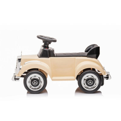 Beige 6V Mercedes Benz 300S 1-Seater Mini Ride-On Car for Kids – Classic Design, Battery-Powered, with LED Lights and Realistic Engine Sounds.