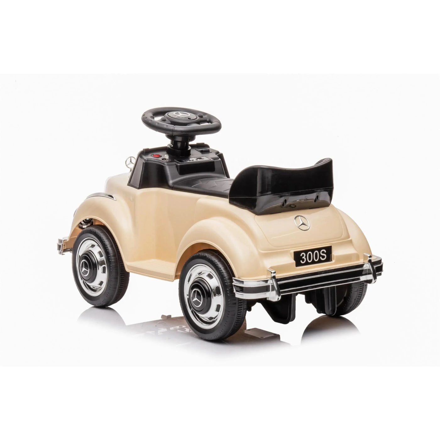 Beige 6V Mercedes Benz 300S 1-Seater Mini Ride-On Car for Kids – Classic Design, Battery-Powered, with LED Lights and Realistic Engine Sounds.