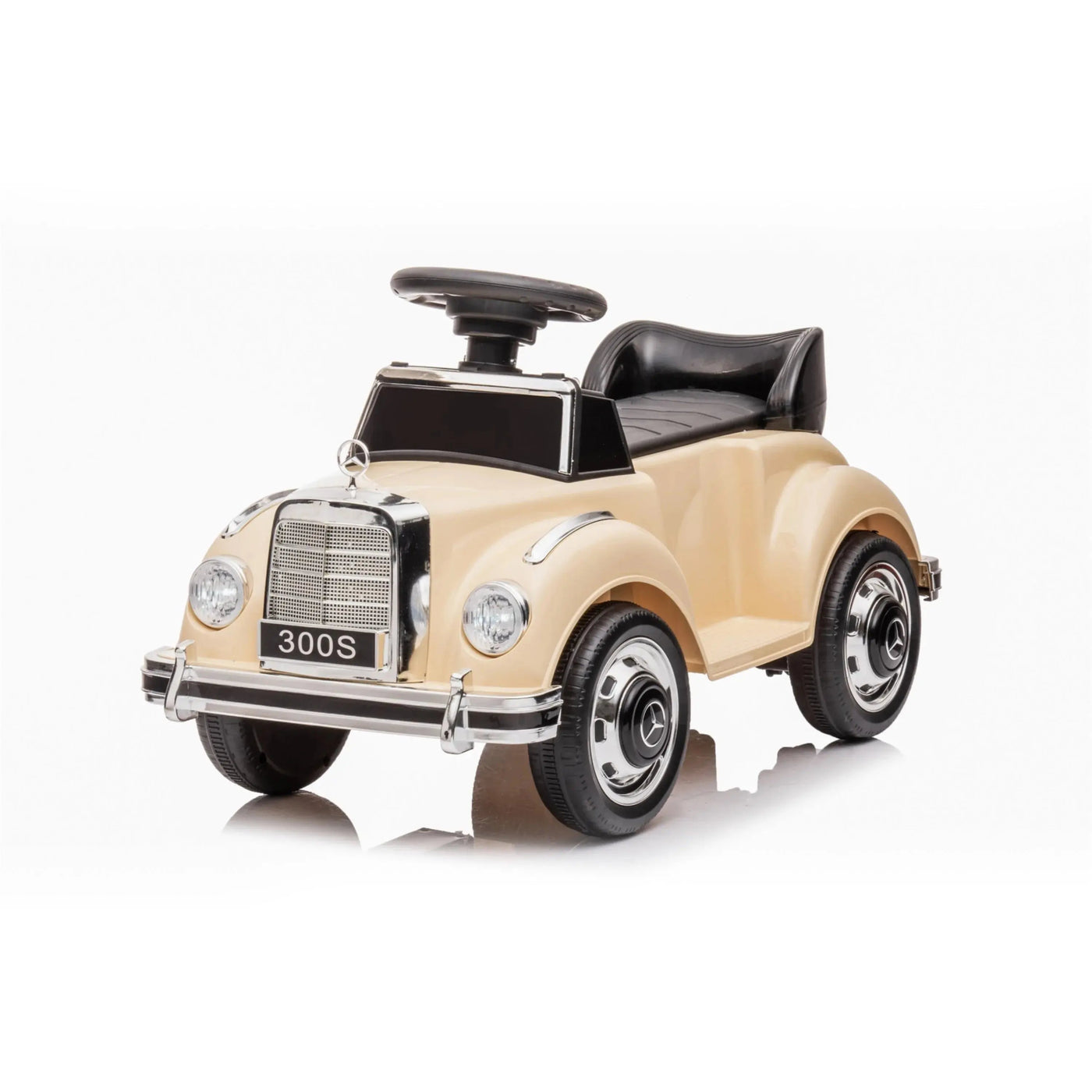 Beige 6V Mercedes Benz 300S 1-Seater Mini Ride-On Car for Kids – Classic Design, Battery-Powered, with LED Lights and Realistic Engine Sounds.