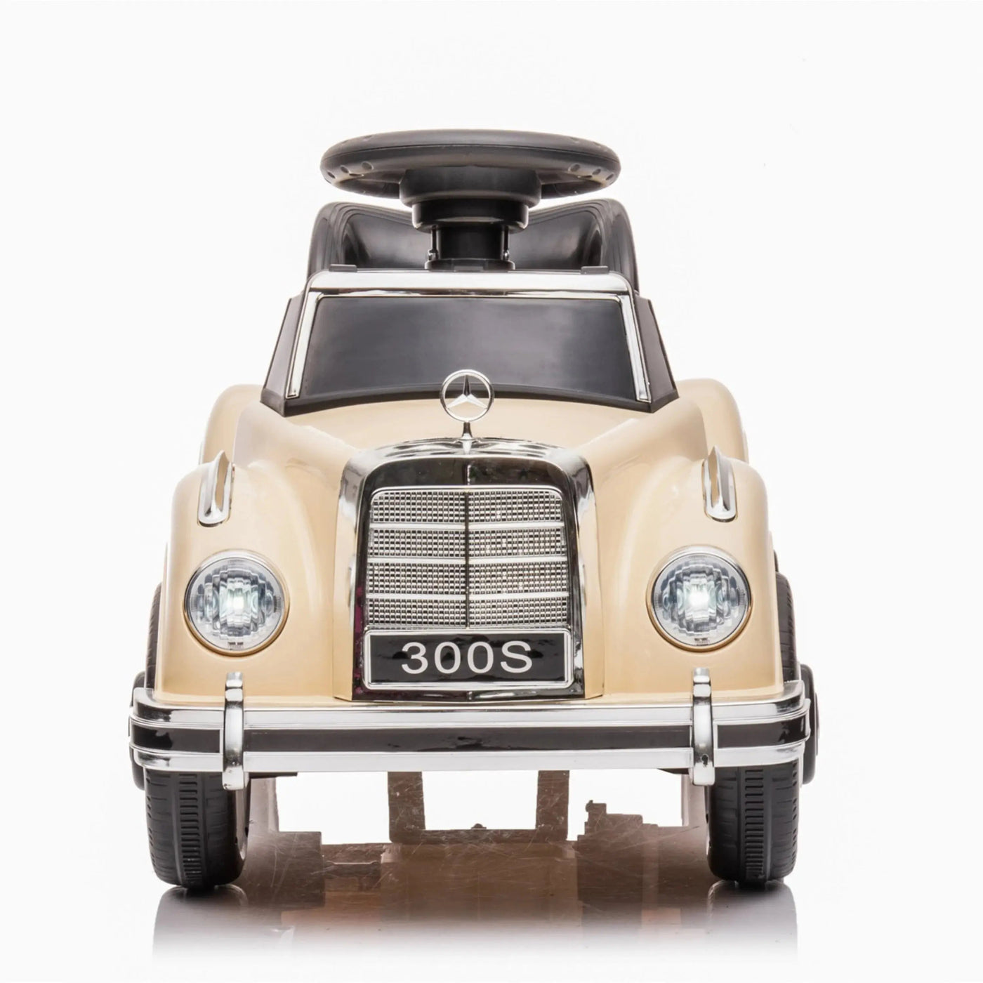 Beige 6V Mercedes Benz 300S 1-Seater Mini Ride-On Car for Kids – Classic Design, Battery-Powered, with LED Lights and Realistic Engine Sounds.